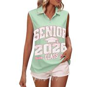 Canotta da donna senza maniche con scollo a V e bottoni, stile casual, vestibilità larga, classe senior del 2026, Verde chiaro, 3XL