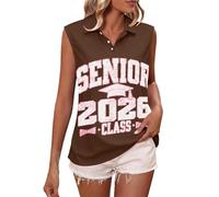 Canotta da donna senza maniche con scollo a V e bottoni, stile casual, vestibilità larga, classe senior del 2026, Marrone, M