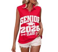 Canotta da donna senza maniche con scollo a V e bottoni, stile casual, vestibilità larga, classe senior del 2026, Rosso, 3XL
