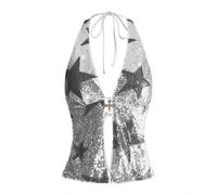 Canotta da donna sexy con stampa leopardata, paillettes e ciondolo a croce, stile Trash Punk, Hot Girl Summer, per spiaggia, festa, festival musicale, streetwear Y2K, con scollo halter L,M,S,XL,XSStam