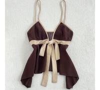 Canotta da donna stile vacanza chic, con laccio frontale, scollo a V, design aderente e snellente, versatile, stile American Hot Girl, sexy, casual estiva per vacanze L,M,S,XSColore unicoTessuto intre