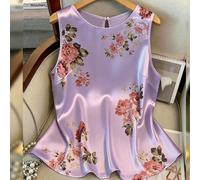 Canotta da donna taglie forti, best-seller, raffinata ed elegante, con scollo rotondo e stampa floreale grande su tutto il capo, in tessuto satinato lucido, vestibilità snellente, adatta per il pendol