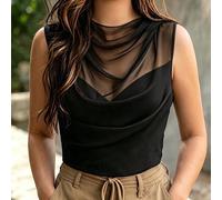 Canotta da donna taglie forti con scollo a cappuccio, aderente, snellente, elegante, versatile, con pizzo a contrasto, sexy, stile hot girl 0XL,1XL,2XL,3XL,4XLColore unicoTessuto in maglia