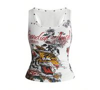 Canotta da donna taglie forti vintage hot girl unisex streetwear versatile con stampa tigrata e borchie a pentagramma 0XL,1XL,2XL,3XL,4XLPianteTessuto