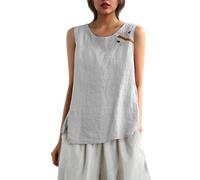 Canotta da donna UK con stampa alla moda girocollo con orlo a spacco laterale da donna camicetta senza maniche da donna in cotone simile al lino con cinturino largo estivo casual floreale ricamato top