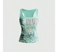 Canotta da donna vintage in stile cinese moderno con stampa leopardata e testo cinese & inglese, versatile e facile da abbinare L,M,S,XL,XS,XXSAnimale,Grafico,LettereTessuto