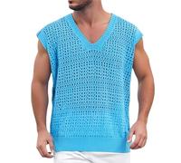 Canotta da uomo a maglia con scollo a V Baggy, gilet sportivo a rete trasparente, traspirante, senza maniche, comoda e trasparente, Celeste., S