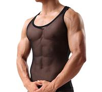 Canotta da uomo a rete, trasparente, con scollo rotondo, per uomo, senza maniche, per clubwear, Nero , S