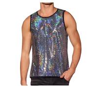 Canotta da uomo con paillette, senza maniche, con scollo rotondo, con brillantini, elegante, lucida, per discoteca, argento, M