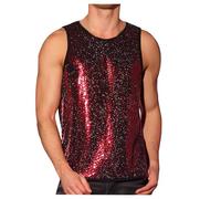 Canotta da uomo con paillette, senza maniche, con scollo rotondo, con brillantini, elegante, lucida, per discoteca, Colore: rosso, XL