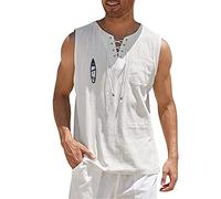 Canotta da uomo in stile retrò, con lacci, stile medievale, scollo rotondo, hippie, oversize, per feste, con stampa colorata, elegante, abbigliamento sportivo, camicetta, bianco, XL