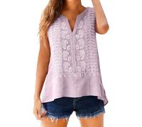 Canotta Donna Cotone E Lino scollo a V senza Maniche Ete Ricamo Camicie Tinta Unita Casual Lino T-Shirt Tunic Sciolto Leggero Camisole Top Alla Moda Camicetta Elegante, Rosa, L