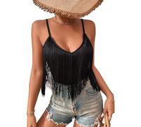 Canotta Donna Estiva con Frange - Maglia Smanicata Scollo A V Elegante Casual Top Abbigliamento Camicie Corsetto Rave Festival Coachella Outfit(Black,XL,10742r)