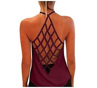 Canotta Donna Moda Estate Senza Maniche Tinta Unita Senza Schienale Cinturino Incrociato Stampato (M,1vino)