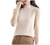 Canotta Donna Smanicata Estate - Collo Alto Sciolto Maglia Basic Casual Colore Unico(Beige,S)