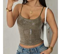 Canotta elegante da donna con pizzo e paillettes, verde tinta unita, vestibilità slim, stile pullover. Adatta per appuntamenti, look da night club, uso quotidiano, canotta casual e stile sexy. Top sex