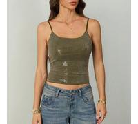 Canotta elegante da donna con pizzo e paillettes, verde tinta unita, vestibilità slim, stile pullover. Adatta per appuntamenti, look da night club, uso quotidiano, canotta casual e stile sexy. Top sex