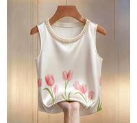 Canotta elegante da donna per l'estate, con colletto di perle alla francese e stampa a tulipani lucida, adatta per appuntamenti, casual, ufficio, pomeriggio del tè, festa della mamma, festa degli inse