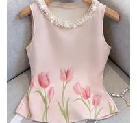 Canotta elegante da donna per l'estate, con colletto di perle alla francese e stampa a tulipano lucida, adatta per appuntamenti, casual, ufficio, tè pomeridiano, festa della mamma, festa degli insegna