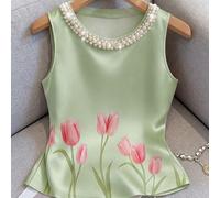 Canotta elegante da donna per l'estate, con colletto di perle alla francese e stampa a tulipano lucida, adatta per appuntamenti, uso casual, ufficio, tè pomeridiano, festa della mamma, festa degli ins