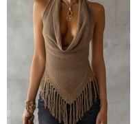 Canotta elegante e alla moda da donna per primavera/estate, adatta per la città, il tempo libero e le vacanze, di colore kaki, con spalle scoperte, orlo asimmetrico, frange, scollo a V profondo e spac