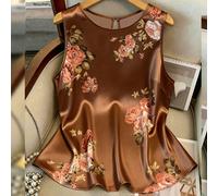 Canotta elegante e raffinata da donna taglie forti, best-seller, con scollo rotondo e stampa floreale grande su tutta la superficie, in tessuto satinato lucido, vestibilità snellente, adatta per il pe