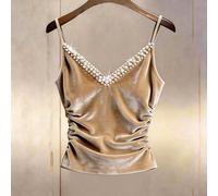 Canotta elegante in velluto albicocca con scollo a V versatile per le donne, decorata con più file di perle sul davanti del collo, arricciatura in vita per una vita segnata, adatta per tutte le stagio