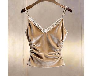 Canotta elegante in velluto albicocca con scollo a V versatile per le donne, decorata con più file di perle sul davanti del collo, arricciatura in vita per una vita segnata, adatta per tutte le stagio