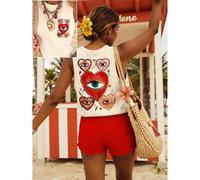 Canotta estiva casual da donna rossa e bianca con stampa a cuori & occhi, ampia, stile boho, spiaggia, vacanza, street style, alla moda, carina L,M,S,XLFumetto,Cuore,PianteTessuto