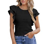 Canotta estiva da donna con occhielli, scollo rotondo con maniche a volant, ricamo traforato, vestibilità ampia, maglietta traspirante per le giornate calde, X1-nero, M