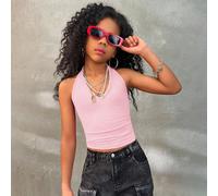 Canotta estiva per ragazze pre-adolescenti, adatta per feste, laurea, casual, vacanze, stile di strada, stile Y2K, con scollo a V, colore unito, schiena scoperta, può essere indossata come top crop, c