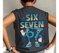 Canotta grafica senza maniche per ragazzi con stampa del numero "67" a pixel, slogan "SEI SETTE" e dettagli a forma di fulmine, vestibilità casual e ampia, adatta per il ritorno a scuola, il gaming, o