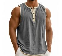 Canotta Henley Uomo Senza Maniche Vintage Con Bordo Contrasto, grigio, XL