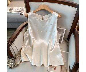 Canotta in raso senza maniche da donna taglie forti, best-seller, con design a perline di finta perla a copertura totale, taglio minimalista, vestibilità comoda e versatile, adatta per pendolarismo qu