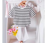 Canotta in tessuto jacquard a righe bianche e nere per ragazze giovani con grande fiocco sulla schiena, maglietta estiva a maniche corte con design di nicchia e senso della moda per bambini 6Y,7Y,4Y,5