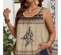 Canotta larga con stampa retrò a pieghe con piume e motivi, adatta per la primavera/estate, taglie comode 0XL,1XL,2XL,3XL,4XLGeometrico,Colore unico,Tribale,stampa dappertuttoTessuto in maglia