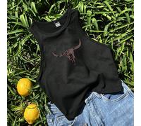 Canotta nera slim fit casual e minimalista da donna con grafica western di cactus, adatta per l'estate, disponibile anche in taglie comode 0XL,1XL,2XL,3XL,4XL,5XLHalloweenTessuto in maglia
