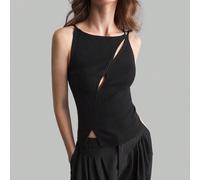 Canotta nera traforata in maglia da donna, maglietta aderente basic, stile casual chic moderno urbano, adatta per l'ufficio e il tempo libero, elegante e raffinata, stile urban commuter, simile a quel