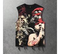 Canotta senza maniche da uomo, stile di strada, top canotta con stampa distressed di angelo americano scuro e motivo a spine L,M,S,XL,XXLBaroccoTessuto