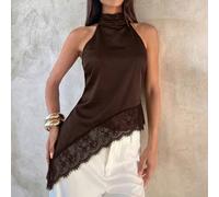 Canotta sexy alla moda versatile con scollo all'americana, patchwork in pizzo, schiena asimmetrica e scoperta, nuovo design primavera/estate, materiale in raso, casual marrone L,M,S,XL,XS,XXSPianteTes