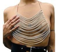 Canotta sexy da donna con strass lucidi e paillettes a catena cava crop top camicia con spalline sottili per discoteca, dorato, taglia unica