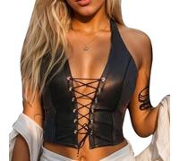 Canotta sexy da donna in pelle PU senza maniche Top Halter Cross Strappy Crop Top Y2k Backless Front Tie Bustier Wetlook Lingerie Aderente