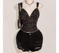 Canotta slim fit con stampa leopardata in in rete, romantica e casual, con decorazione metallica, adatta per uso quotidiano e vacanze, stile Y2K sexy 0XL,1XL,2XL,3XL,4XL,5XLColore unicoTessuto in tull