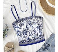 Canotta vintage da donna a motivi blu e bianchi, accorciata, top da vacanza, crop top, top da vacanza per donna, canotta, abbigliamento western da donna, top estivo da donna, canotta, San Valentino, M