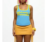 Canotta 'Welcome to Paradise' in stile Y2K, ideale per l'estate, le vacanze al mare, i resort tropicali, le feste in piscina, la primavera e i festival, top corto con taglio aderente, senza maniche L,
