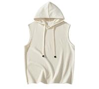 Canotte da allenamento con cappuccio per uomo camicie senza maniche con cappuccio corsa atletica t-shirt carri armati casual spiaggia tees streetwear, Beige, L