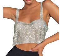 Canotte da donna con paillettes strass 2026 Glitter Sparkle Party Club senza maniche camicie carine scintillanti scollo quadrato alla moda canotta lucida crop senza schienale canotta corta casual Y2K