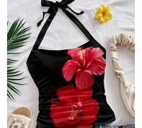 Canotte da donna con schiena aperta, arricciata e con collo ad aletta, adatte per le vacanze estive, con stampe floreali, di ibisco, per la primavera, stile "coconut girl", "girl trip", festival music