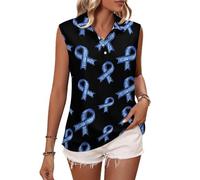 Canotte da Donna Senza Maniche con Colletto e Paillettes a Tema Nastro Blu per la Lotta Contro Il Cancro, Polo da Golf estive Casual.