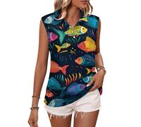 Canotte da Donna Senza Maniche con Colletto e Stampa di Pesci Colorati, perfette per L'Estate e per Un Look Casual.